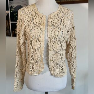 VTG Style New York Crochet Cardigan M Beige Floral Pearl Button Ramie Cotton